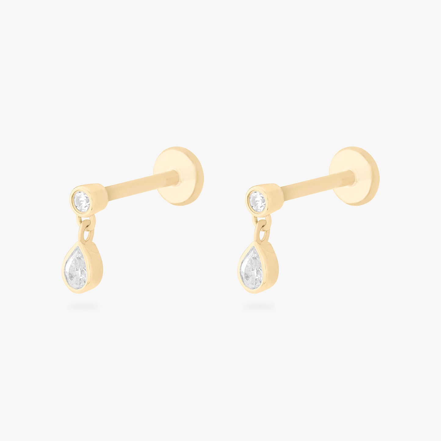 14K CZ Bezel Pear Dangle Flatback Stud
